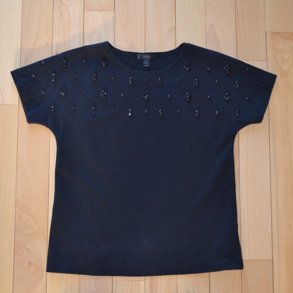 J Crew Short Sleeve Blouse Top Embellished Bejeweled Size Small Black